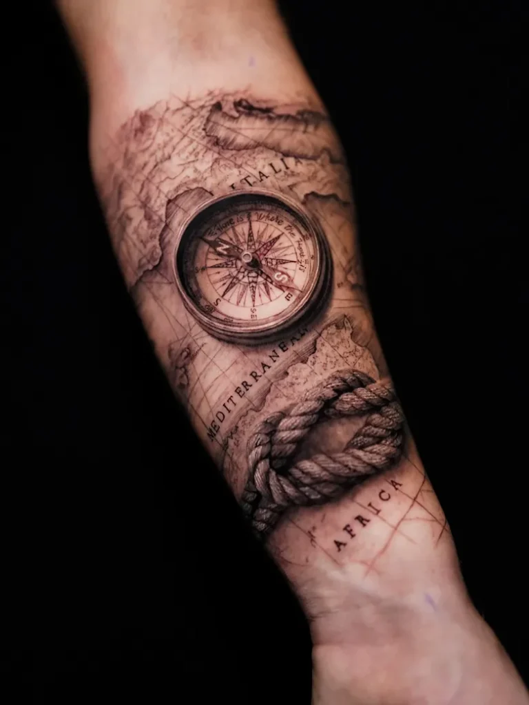 Compass and Rope Over Vintage Map Tattoo