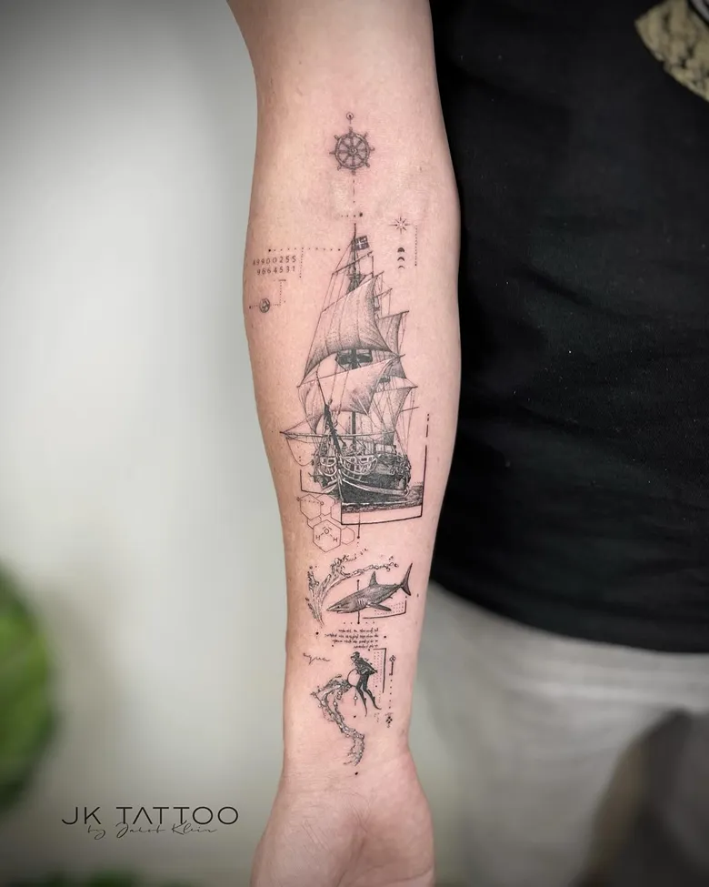 Fine Line Nautical Sleeve with Ship and Shark
