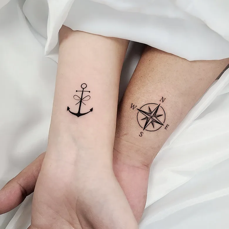 Minimal Anchor and Compass Matching Tattoos