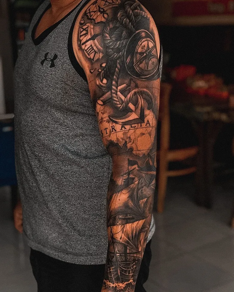 Nautical Sleeve with Compass, Clock, and Ship Layers