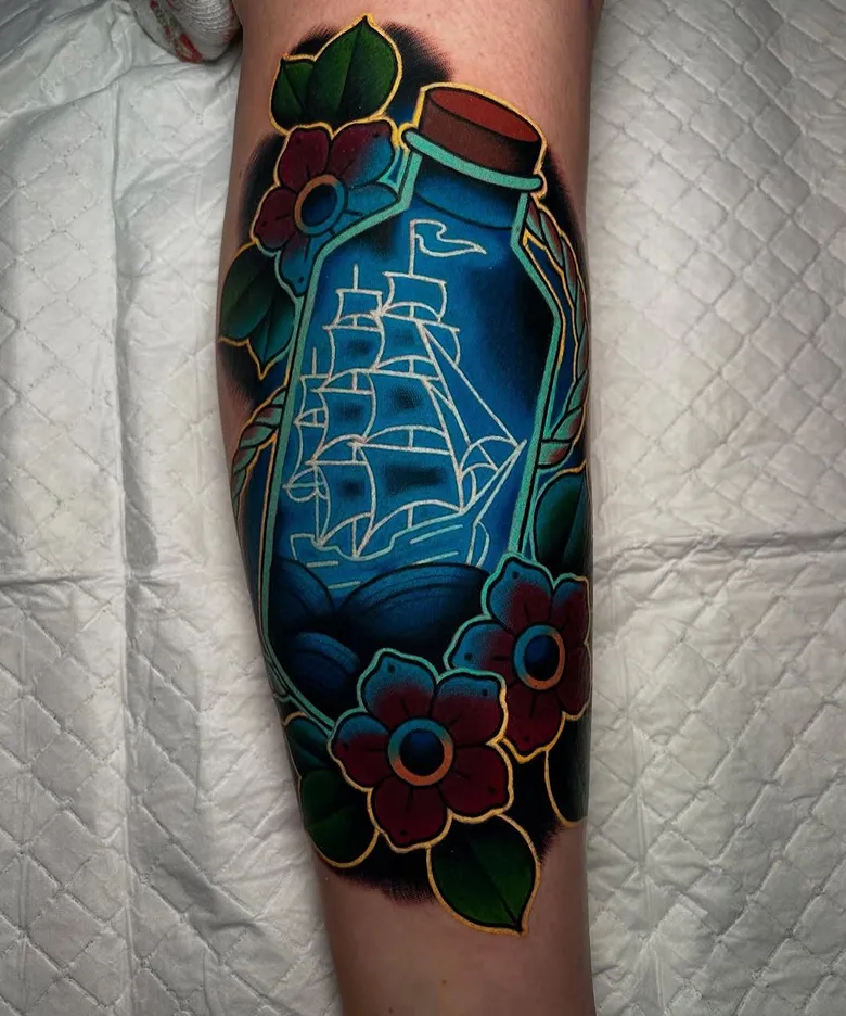 Neon Bottle Ship with Floral Frame