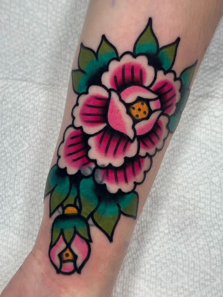 Pink Peony Traditional Tattoo