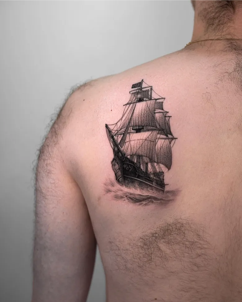 Realistic Sailing Ship Shoulder Tattoo