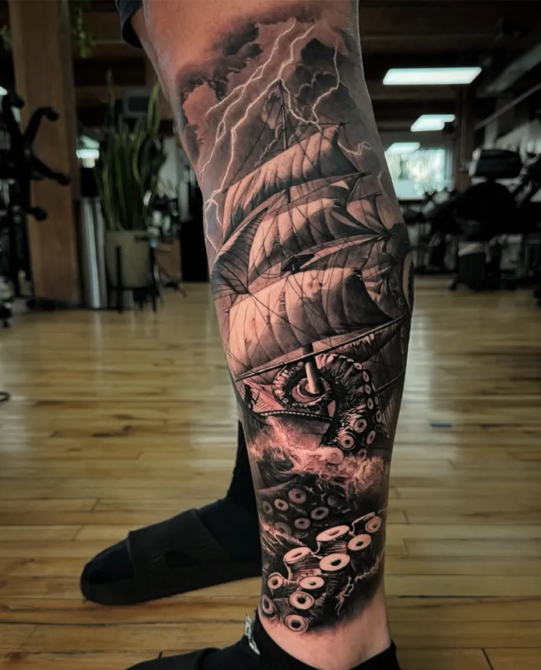 Storm Ship with Kraken Leg Sleeve Tattoo