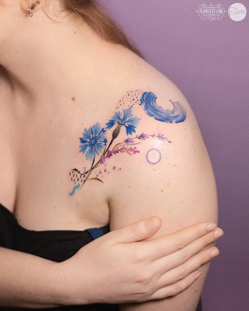 Abstract Watercolor Cornflower Shoulder Tattoo