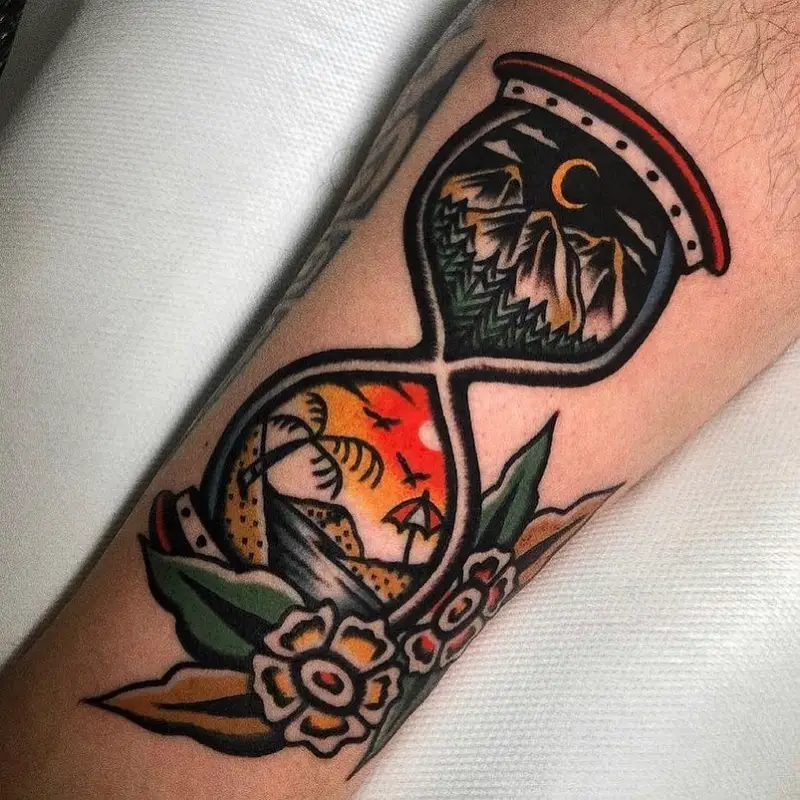 American Traditional Landscape Hourglass Tattoo