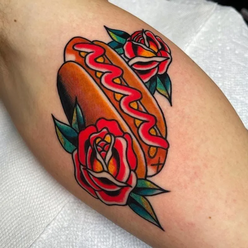 American Traditional Rose Framed Hot Dog Tattoo