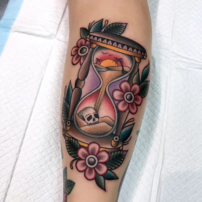 American Traditional Skull Hourglass Tattoo