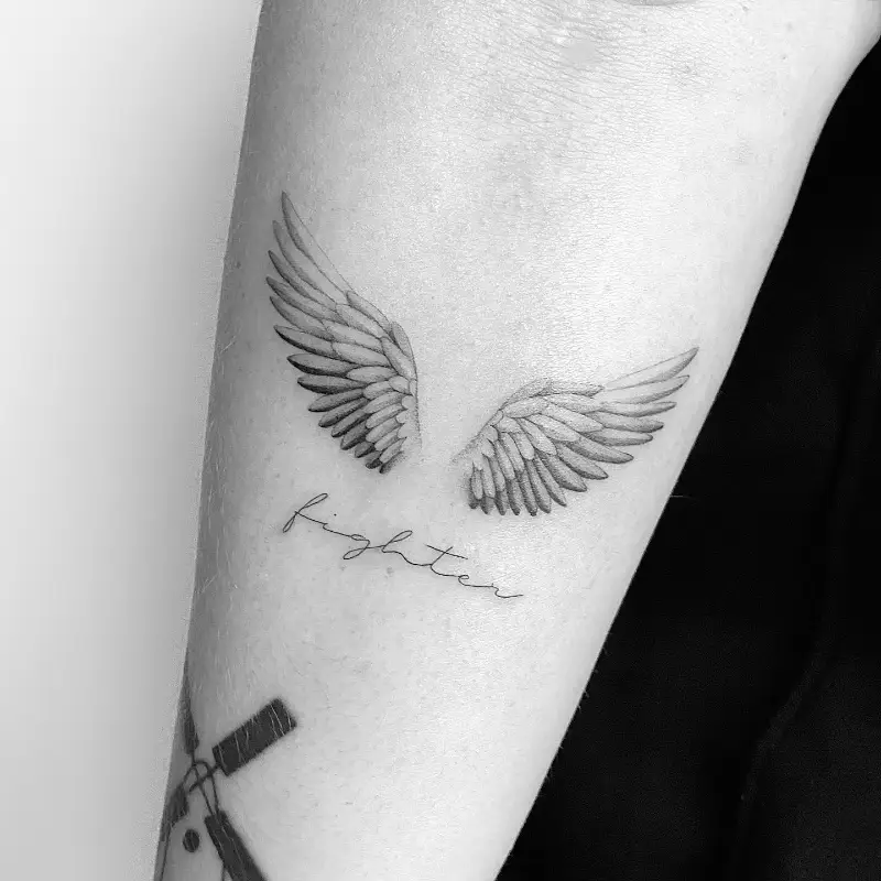 Angel Wings With Fighter Script Tattoo