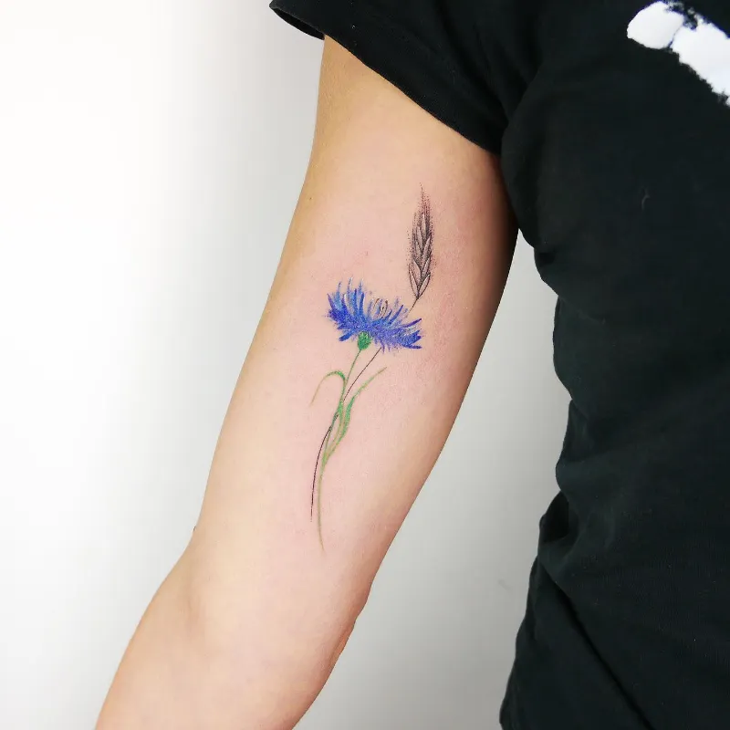 Artistic Cornflower and Wheat Tattoo
