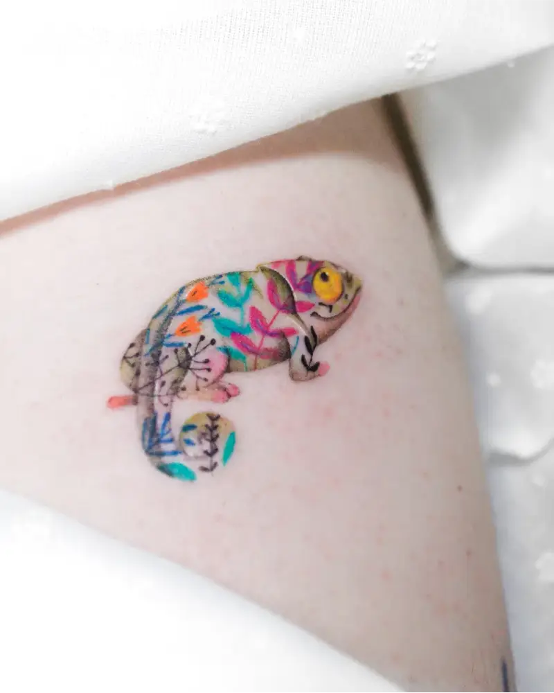 Artistic Floral Chameleon Tattoo
