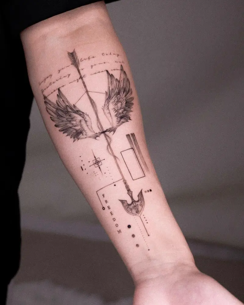 Artistic Geometric Winged Spear Tattoo