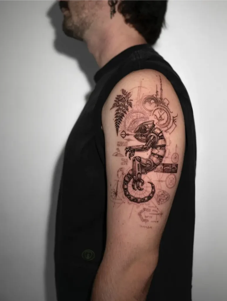 Biomechanical Chameleon Shoulder Tattoo