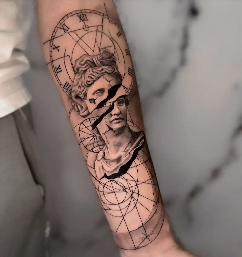 Black & Grey Broken Apollo Statue Tattoo
