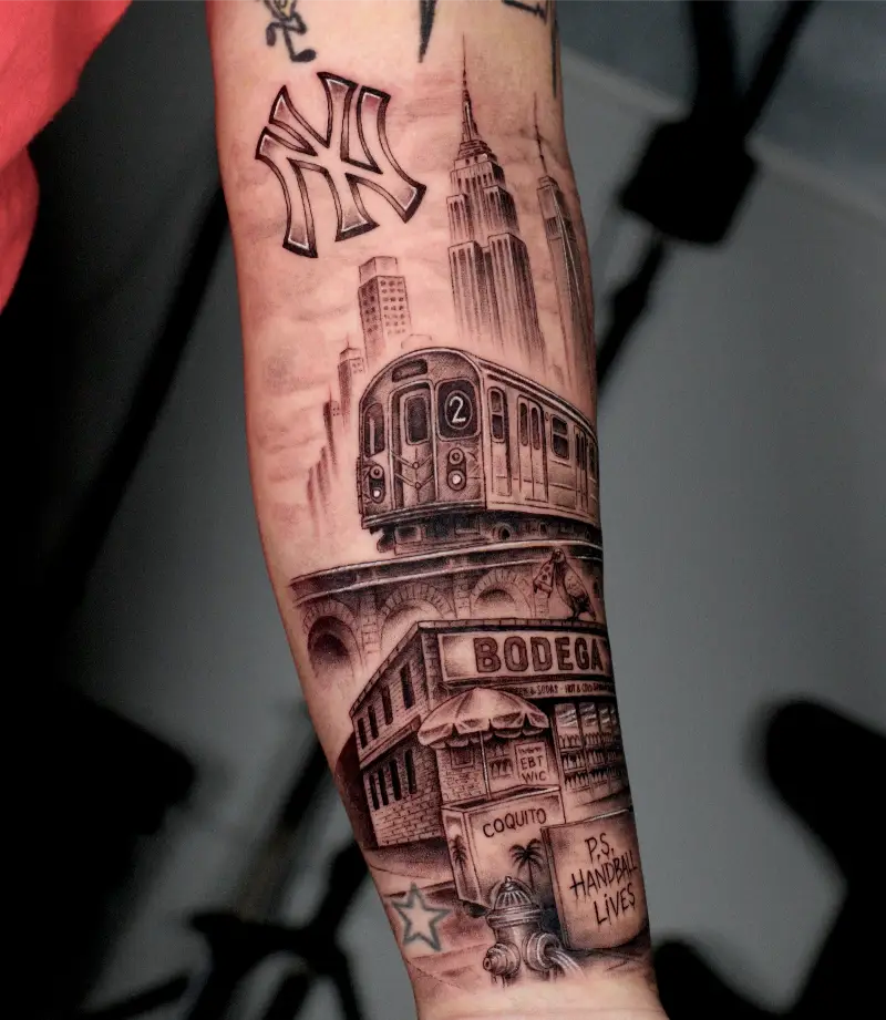 Black and Gray NYC Life Montage Tattoo