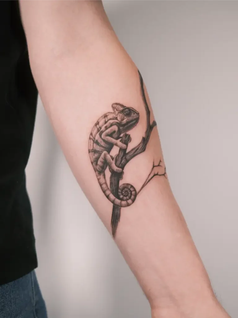 Black and Grey Chameleon Branch Tattoo