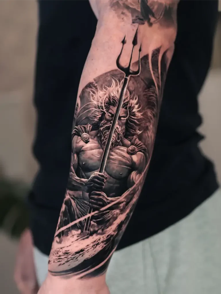 Black and Grey Poseidon Portrait Forearm Tattoo