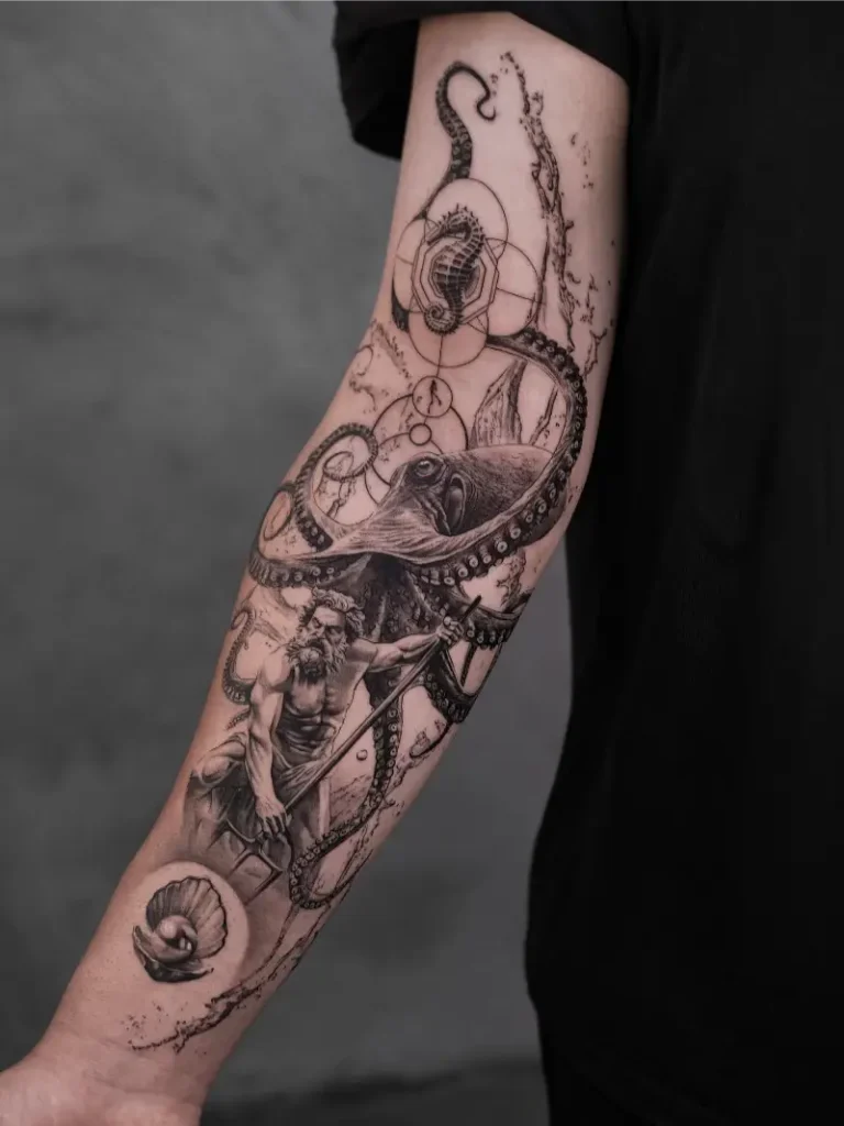Black and Grey Poseidon and Kraken Sleeve Tattoo
