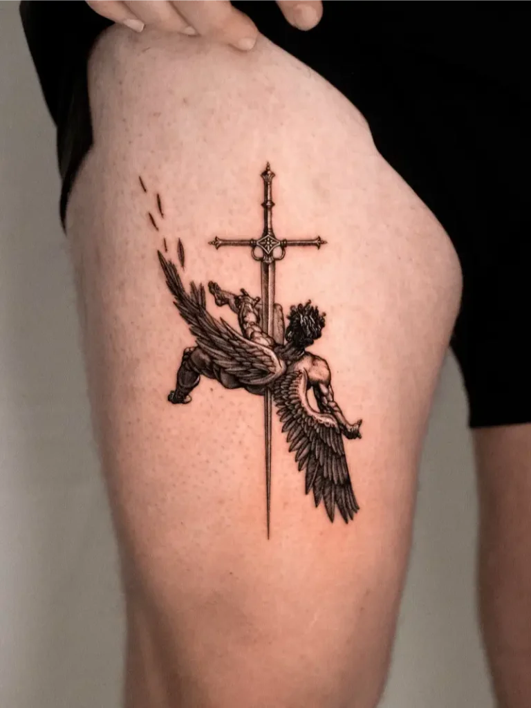 Blackwork Icarus Sword Fall Tattoo