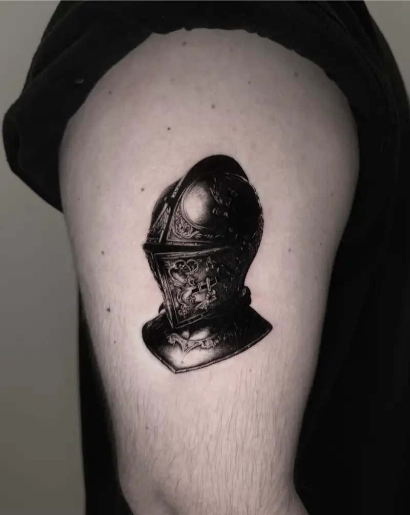 Blackwork Ornamental Knight Helmet Tattoo