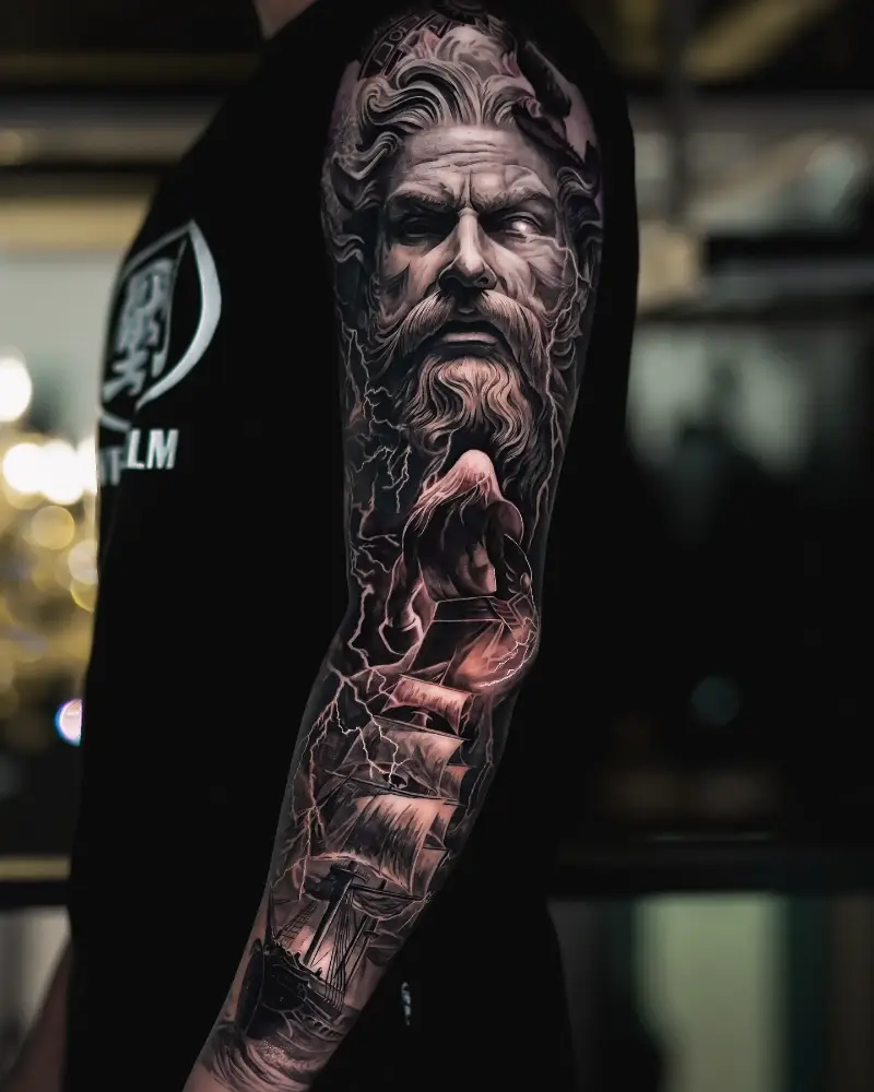 Blackwork Poseidon Full Sleeve Tattoo