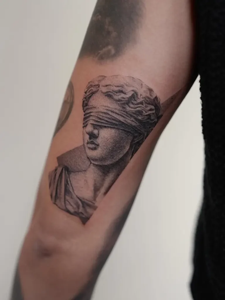 Blindfolded Themis Statue Tattoo