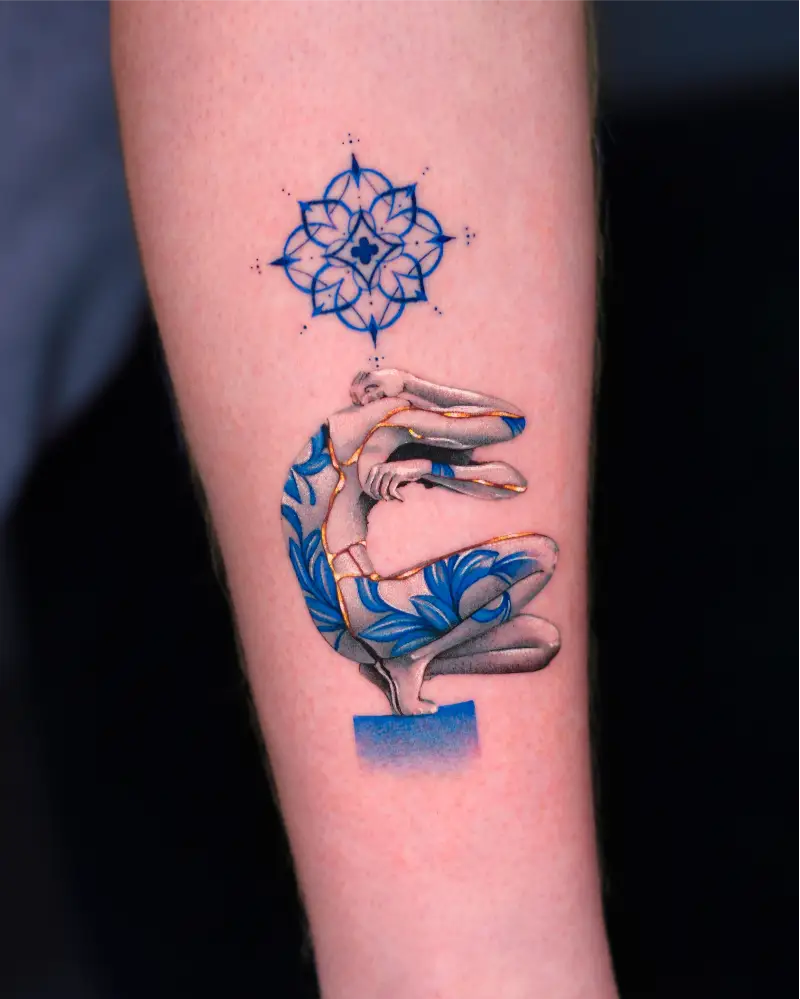 Blue Kintsugi Statue Tattoo