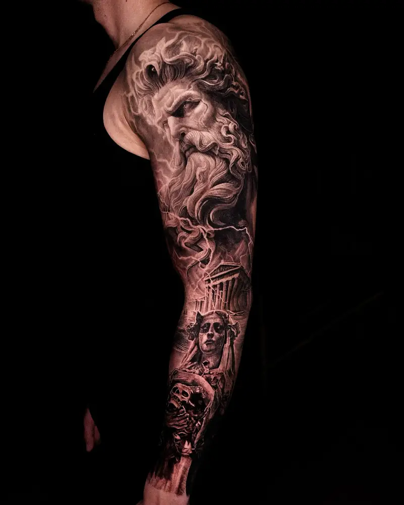 Bold Realism Zeus Sleeve Tattoo