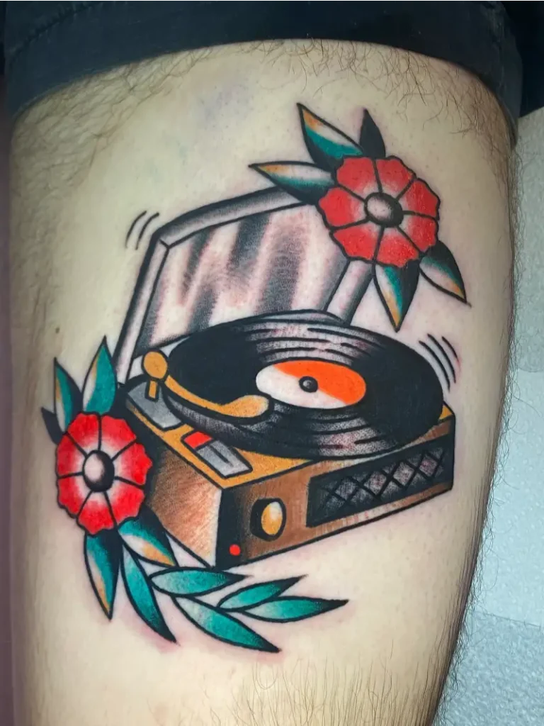 Bold Traditional Floral Record Player Tattoo