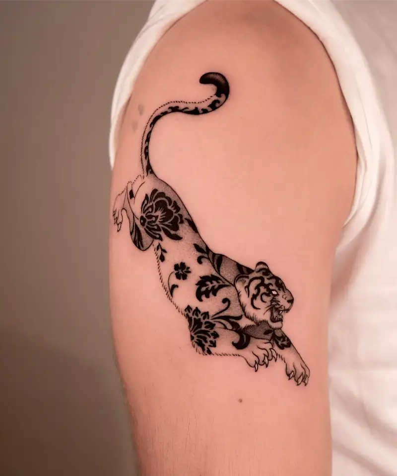 Botanical Blackwork Tiger Tattoo