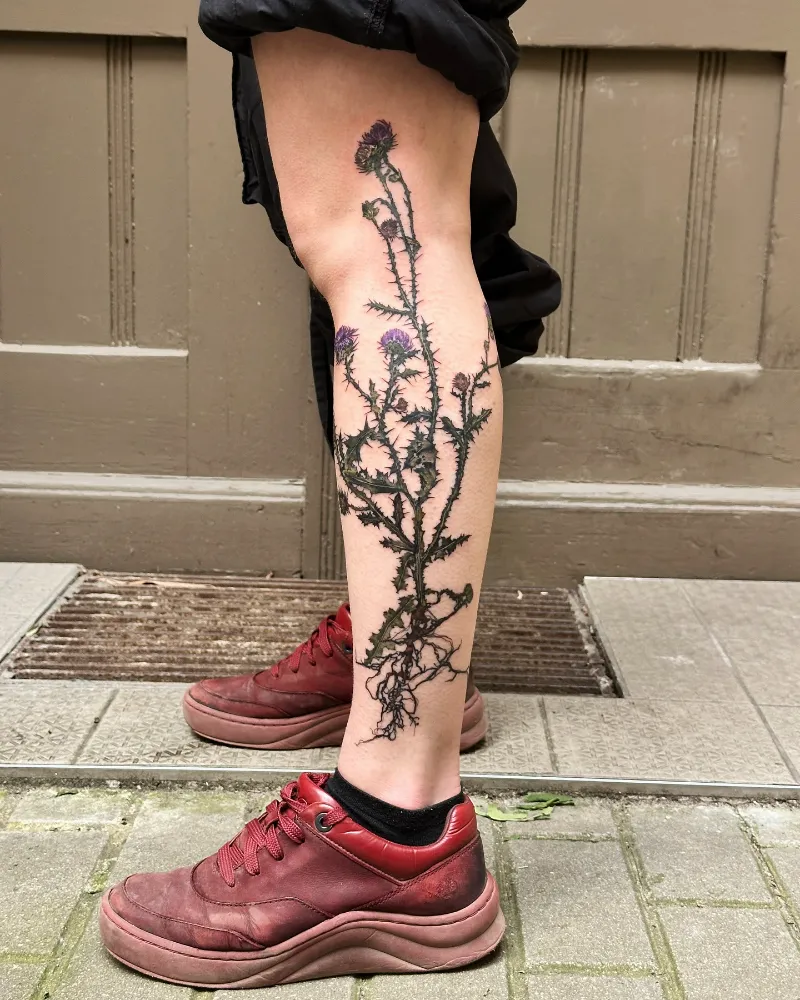 Botanical Realism Full Leg Thistle Tattoo