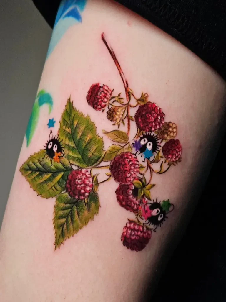 Botanical Realism Soot Sprite Raspberry Branch Tattoo