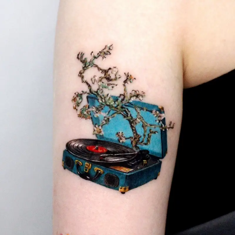 Botanical Suitcase Realistic Record Player Tattoo
