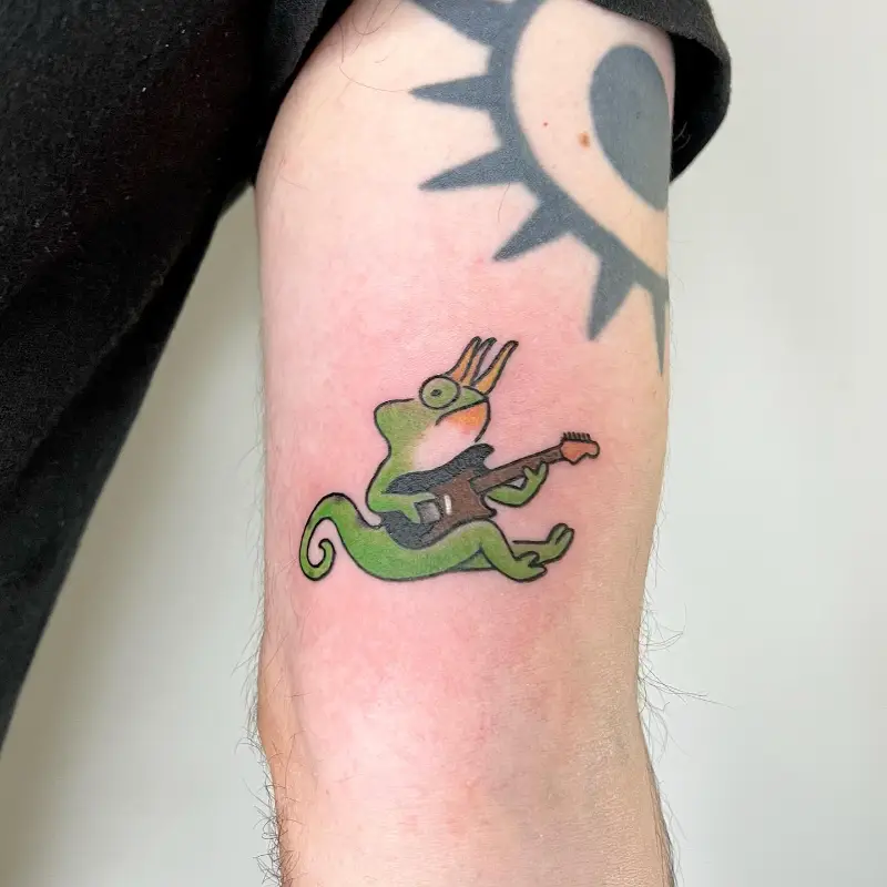 Cartoon Chameleon Guitar Tattoo