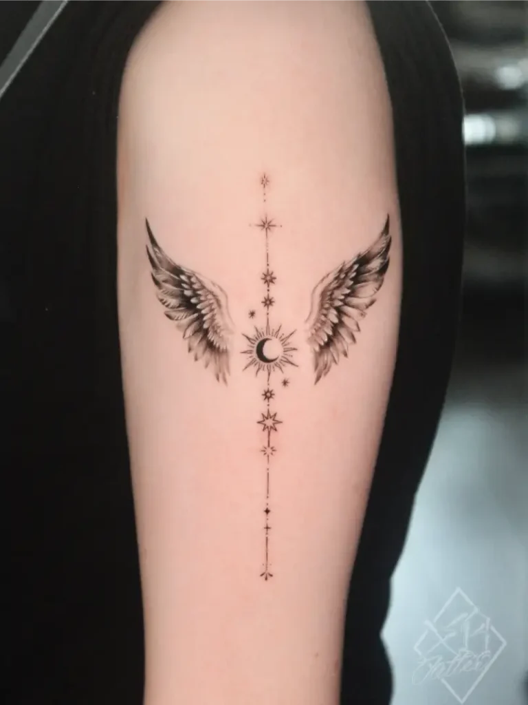 Celestial Fine Line Angel Wings Tattoo