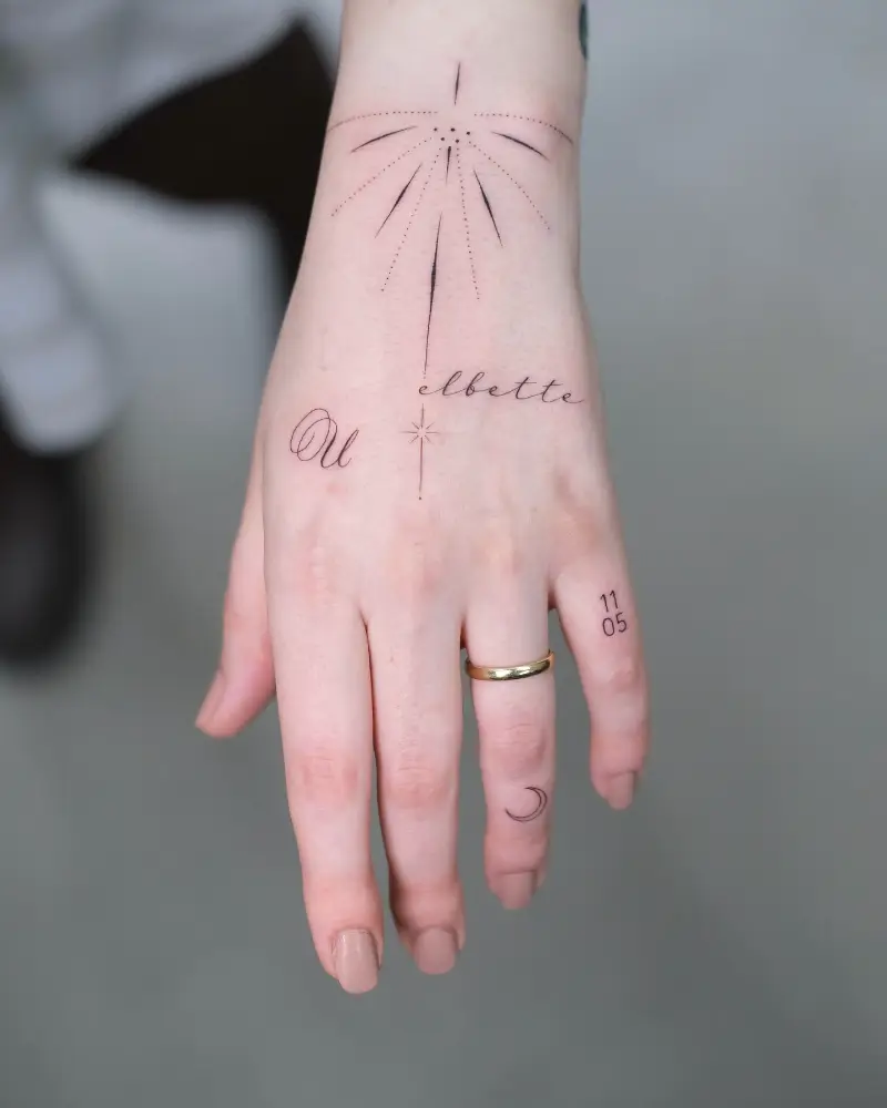 Celestial Fine Line Name Hand Tattoo