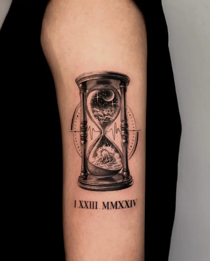 Celestial Wave Hourglass Tattoo
