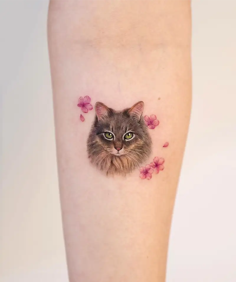 Cherry Blossom Cat Portrait Tattoo