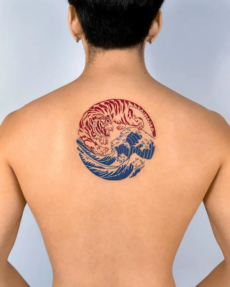 Circular Oriental Tiger and Wave Tattoo