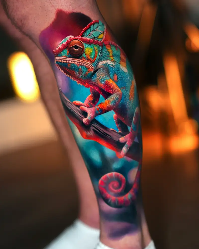 Color Realism Chameleon Branch Tattoo