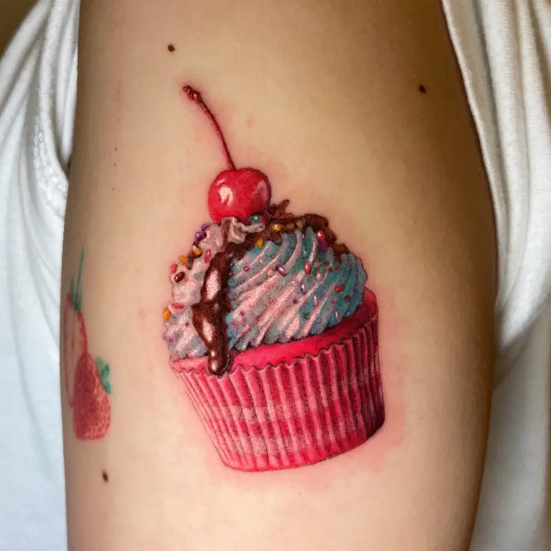 Color Realism Chocolate Drip Cupcake Tattoo