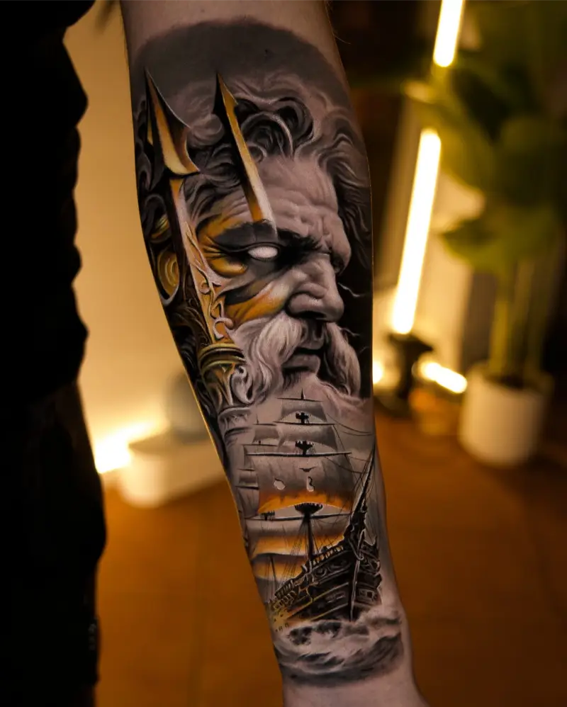 Color Realism Poseidon Ship Tattoo
