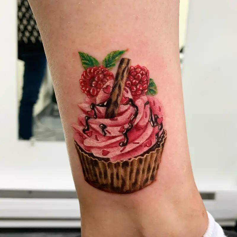 Color Realism Raspberry Cupcake Tattoo