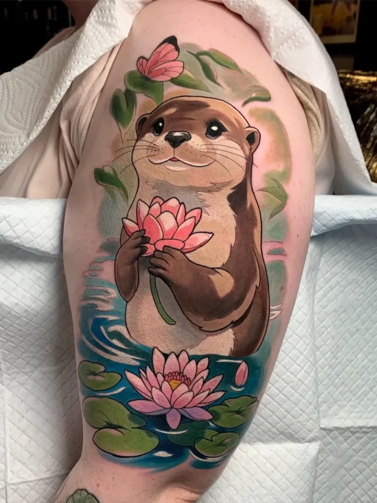 Colorful Painted Otter In Pond Tattoo