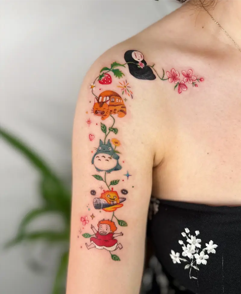 Colorful Studio Ghibli Vine Sleeve Tattoo