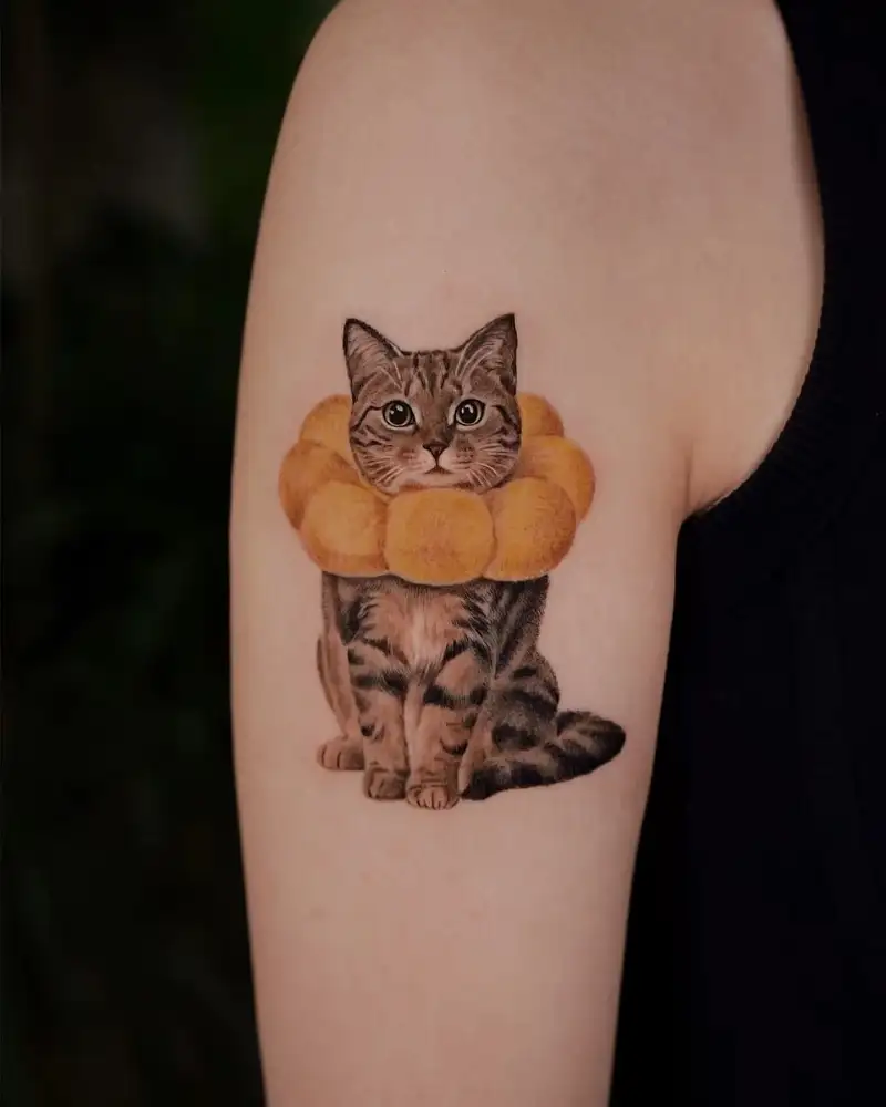 Cute Cat With Donut Collar Tattoo