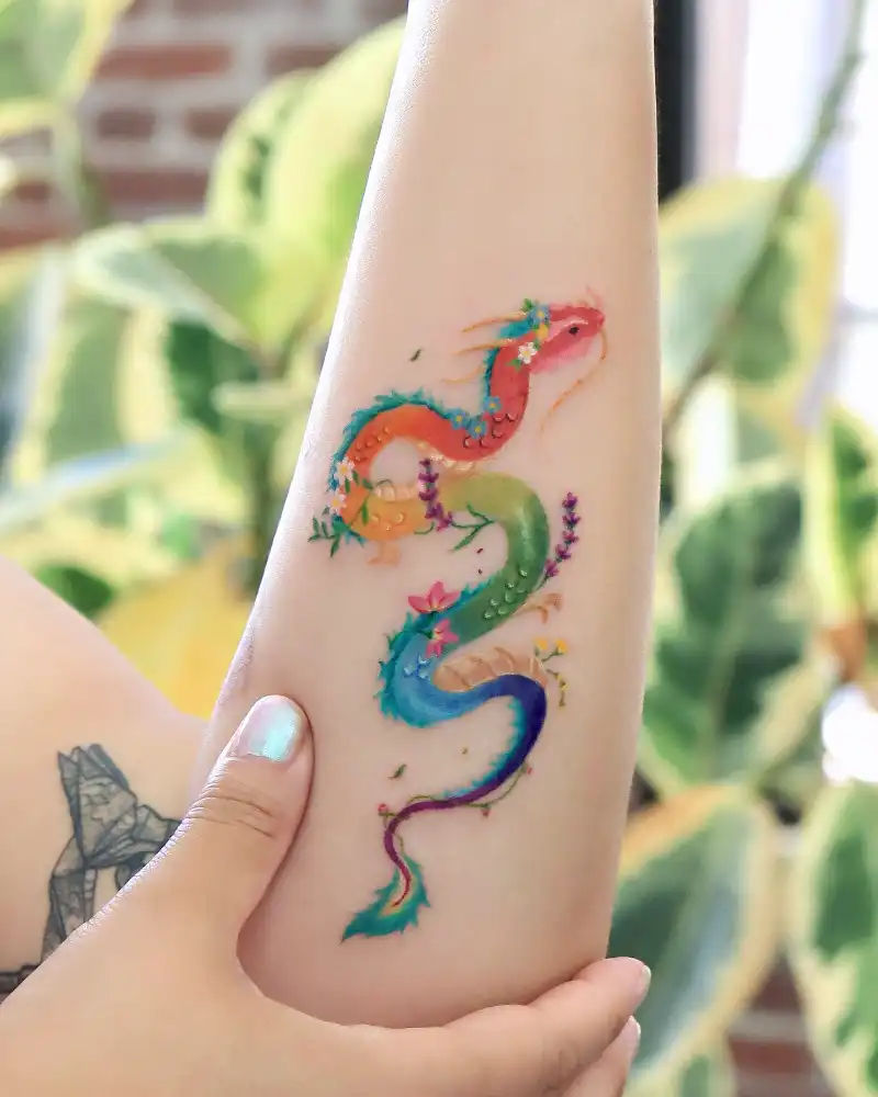 Cute Floral Rainbow Dragon Tattoo