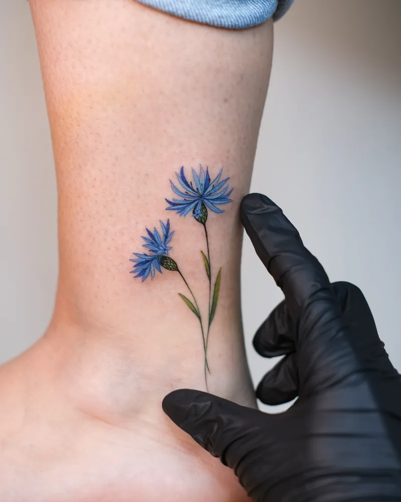 Delicate Botanical Cornflower Ankle Tattoo