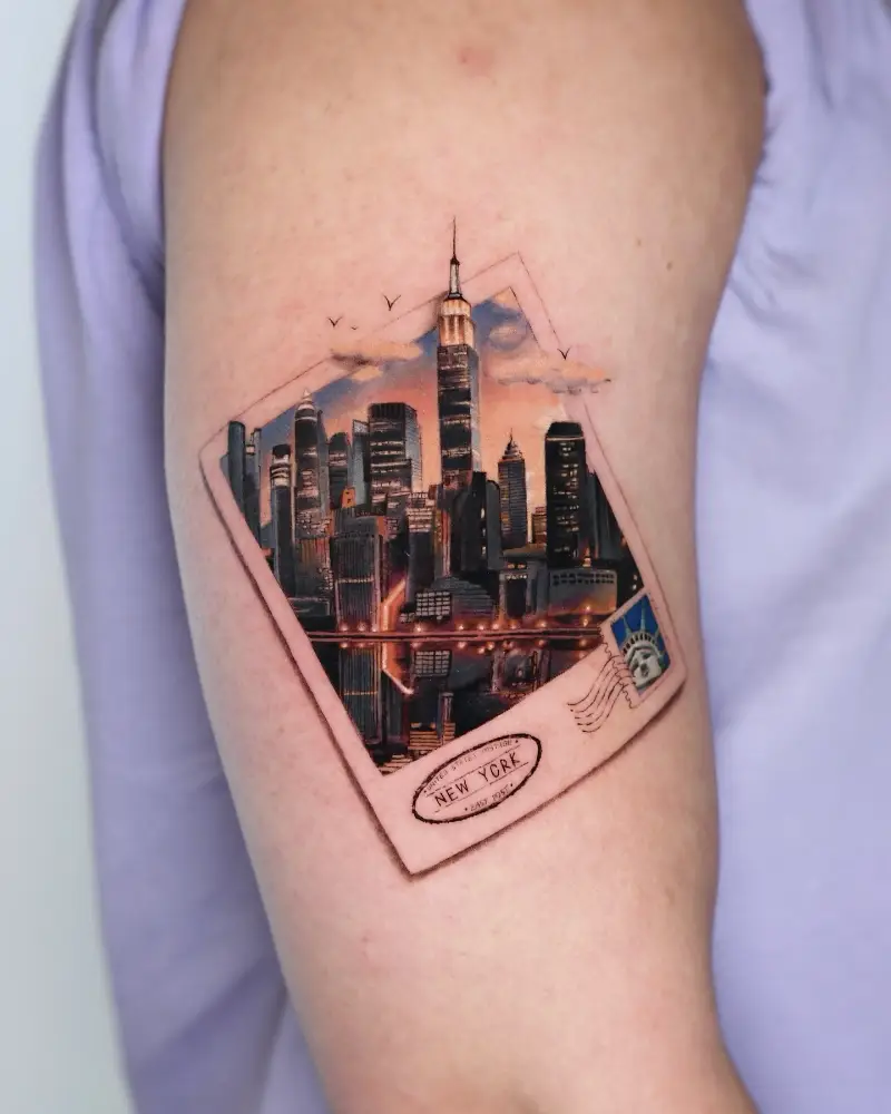 Detailed New York Skyline Postcard Tattoo