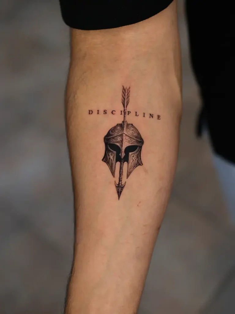 Discipline Script & Spartan Helmet Tattoo